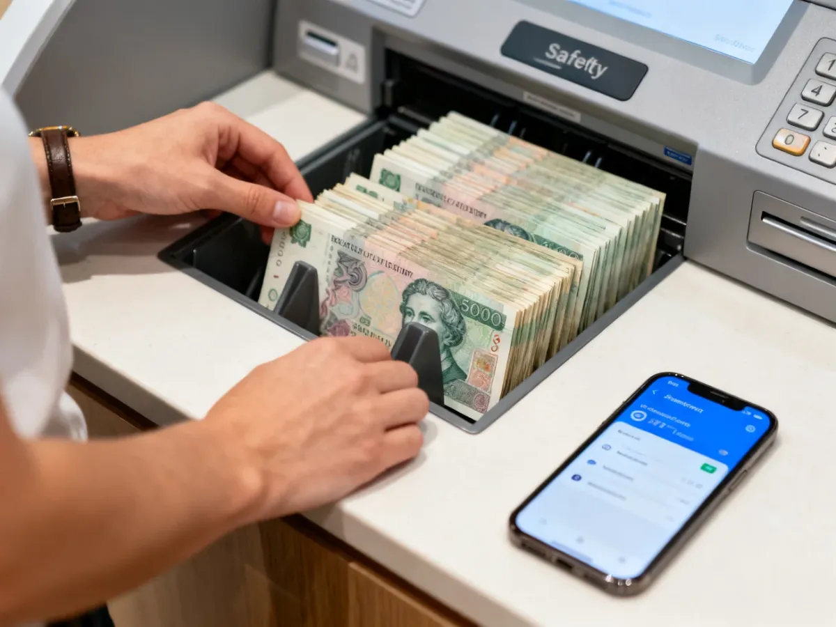 Osoba wpłacająca uporządkowane banknoty do wpłatomatu z użyciem aplikacji bankowej