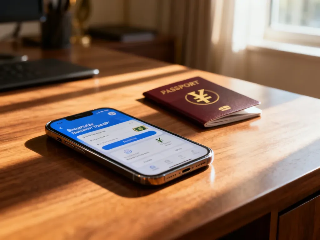 Smartfon z aplikacją do przelewów międzynarodowych na drewnianym biurku, obok paszportu w słonecznym domowym biurze.
