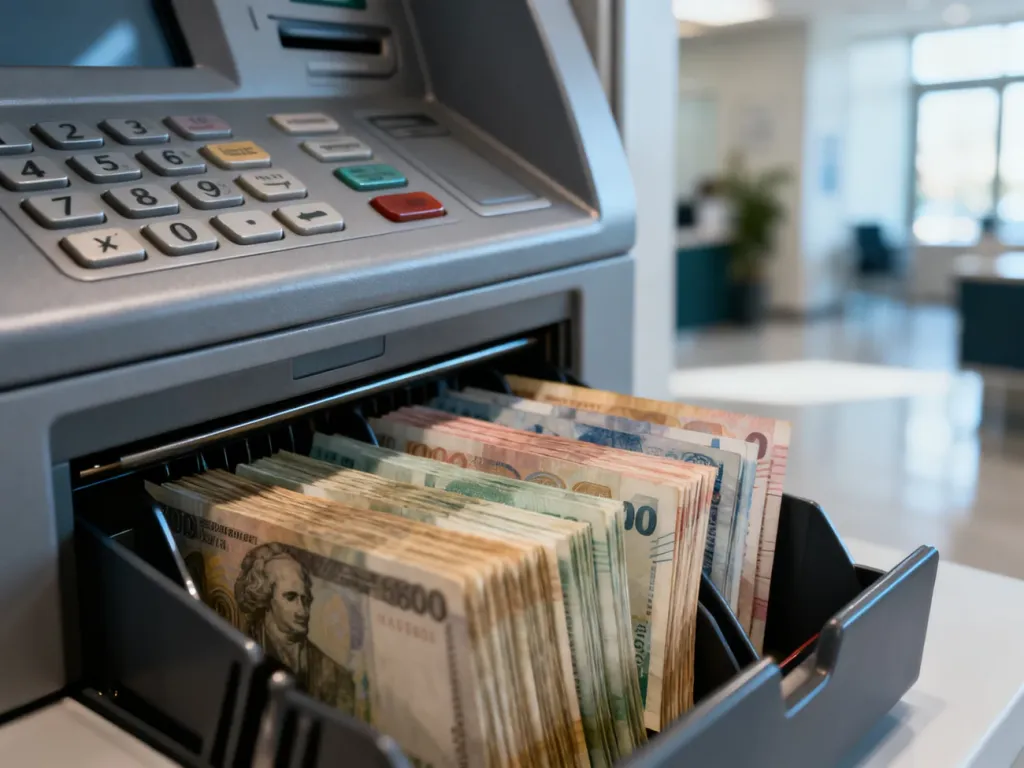 Klawiatura bankomatu oraz stos gotówki, symbolizujące wypłatę pieniędzy w placówce bankowej.
