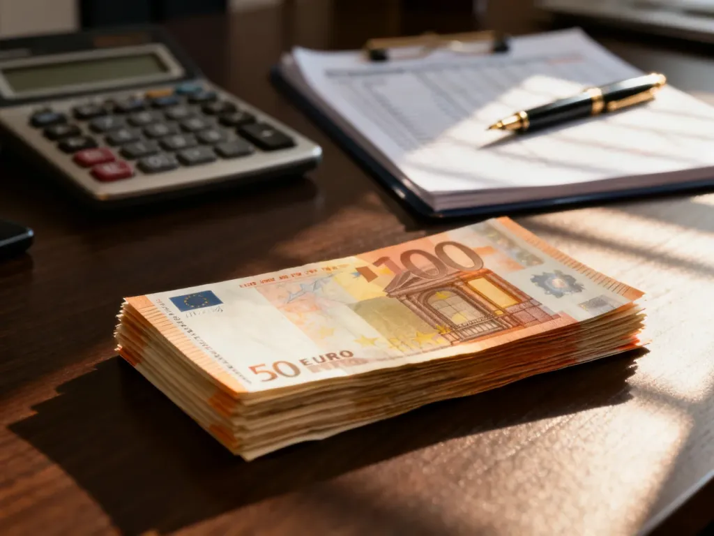 Stos banknotów euro na biurku z kalkulatorem i dokumentami finansowymi, symbolizujący rozliczenia gotówkowe w firmie.