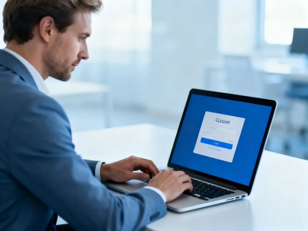 Mężczyzna w nowoczesnym biurze logujący się do laptopa, ilustrujący proces uzyskiwania dostępu do konta Office 365.