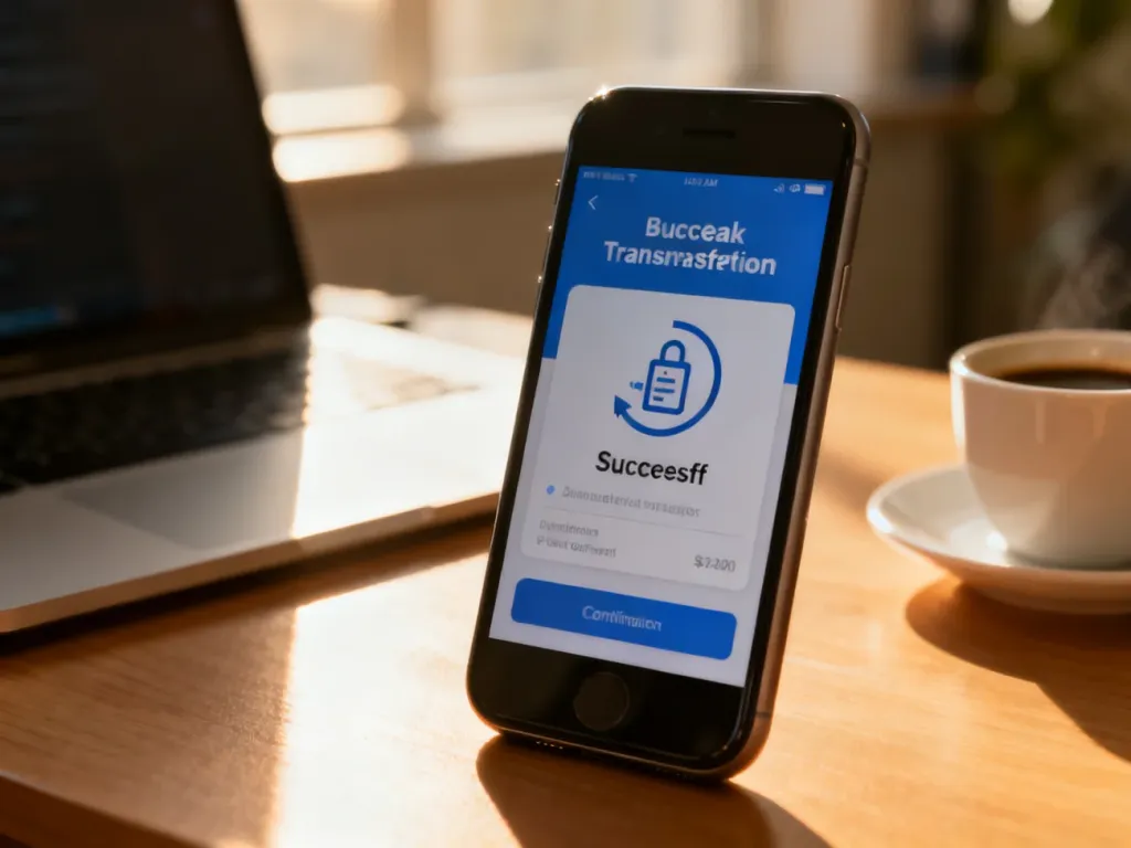 Ekran smartfona z ikoną potwierdzenia przelewu bankowego na tle biurka w domowym biurze.