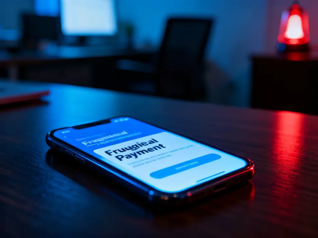 Świecący smartfon z powiadomieniem o oszustwie na ciemnym biurku, symbolizujący zagrożenie cybernetyczne.