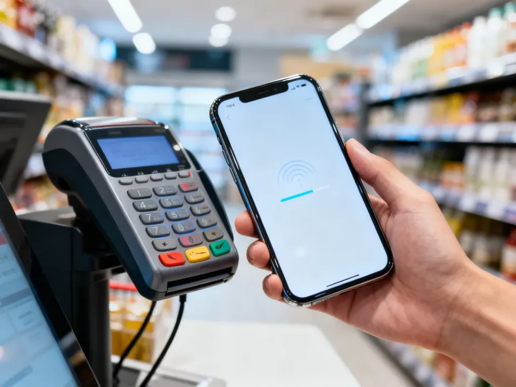 Dłoń zbliżająca smartfon z interfejsem płatności do terminala zbliżeniowego w sklepie, ilustrująca proces płatności BLIK-iem.