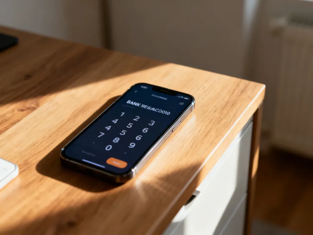 Smartfon z wyświetlonym numerem rachunku bankowego na ekranie, leżący na drewnianym biurku w domowym biurze.