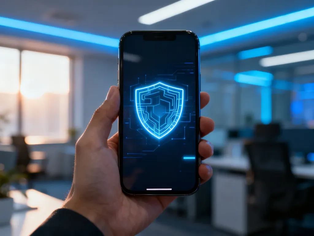 Dłoń trzymająca smartfon z ikoną tarczy bezpieczeństwa na ekranie, symbolizującą proces autoryzacji mobilnej.
