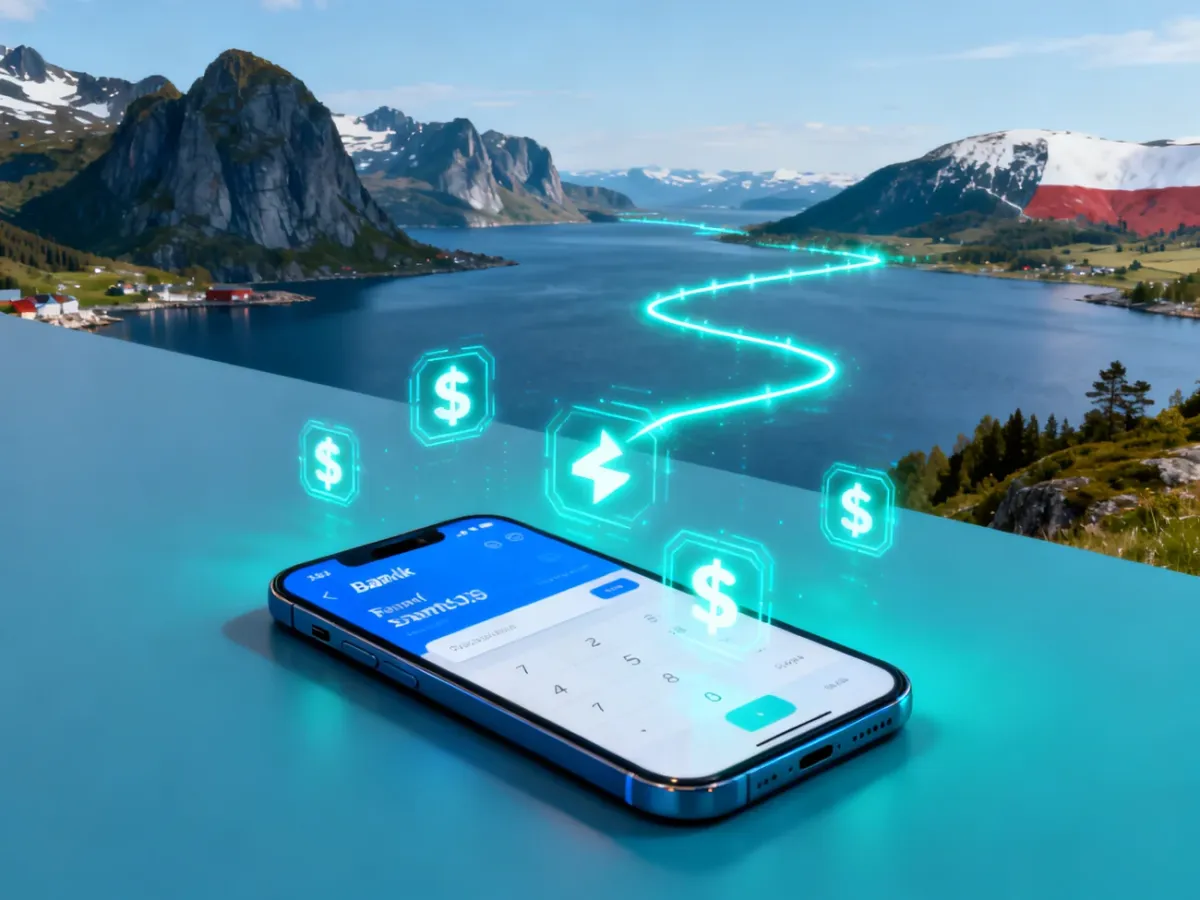 Smartfon przedstawiający międzynarodowy transfer pieniędzy z Norwegii do Polski