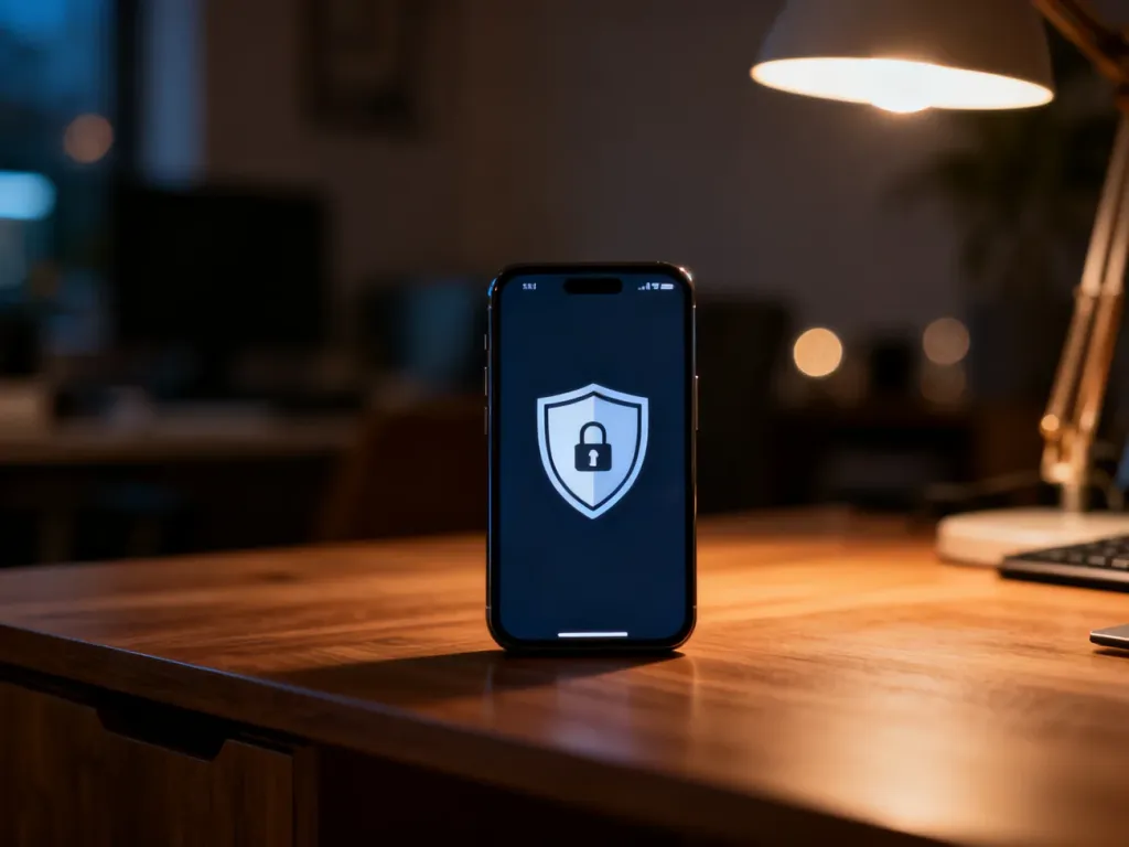 Smartfon z ikoną tarczy na ekranie, symbolizujący bezpieczne korzystanie z bankowości mobilnej.