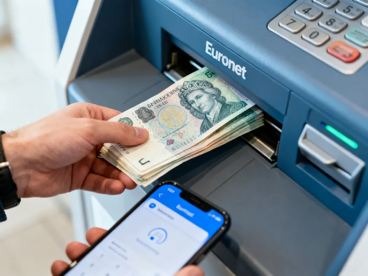Osoba wkładająca banknoty do wpłatomatu Euronet z telefonem w dłoni