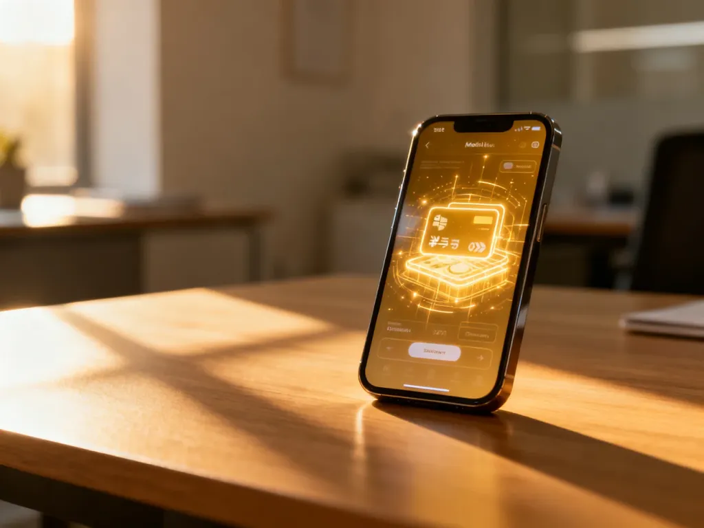 Smartfon z wyświetlonym cyfrowym interfejsem płatności leżący na drewnianym biurku, symbolizujący nowoczesne płatności BLIK.