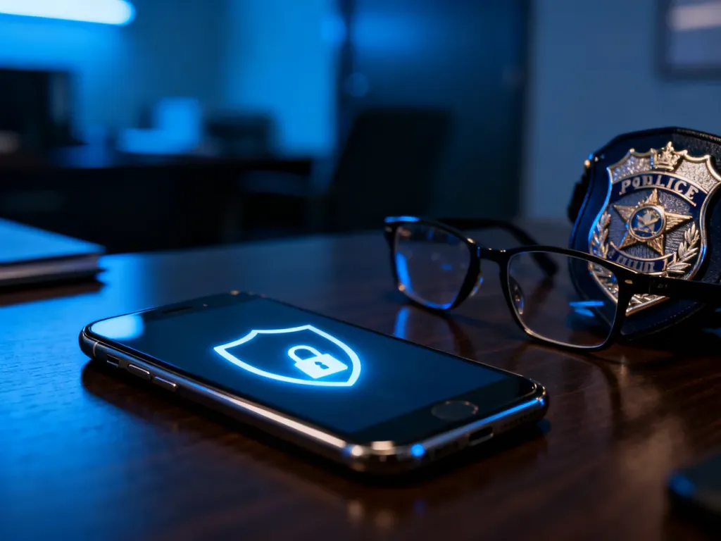 Smartfon z ikoną tarczy i kłódki obok odznaki policyjnej, symbolizujący bezpieczeństwo finansowe i zgłaszanie oszustw.