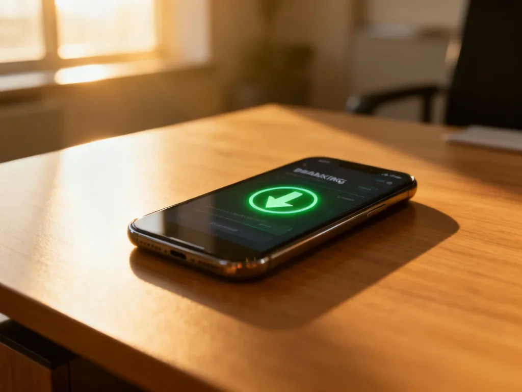 Smartfon z ikoną zielonej strzałki na ekranie, symbolizujący proces przelewu środków z PayPal na konto bankowe.