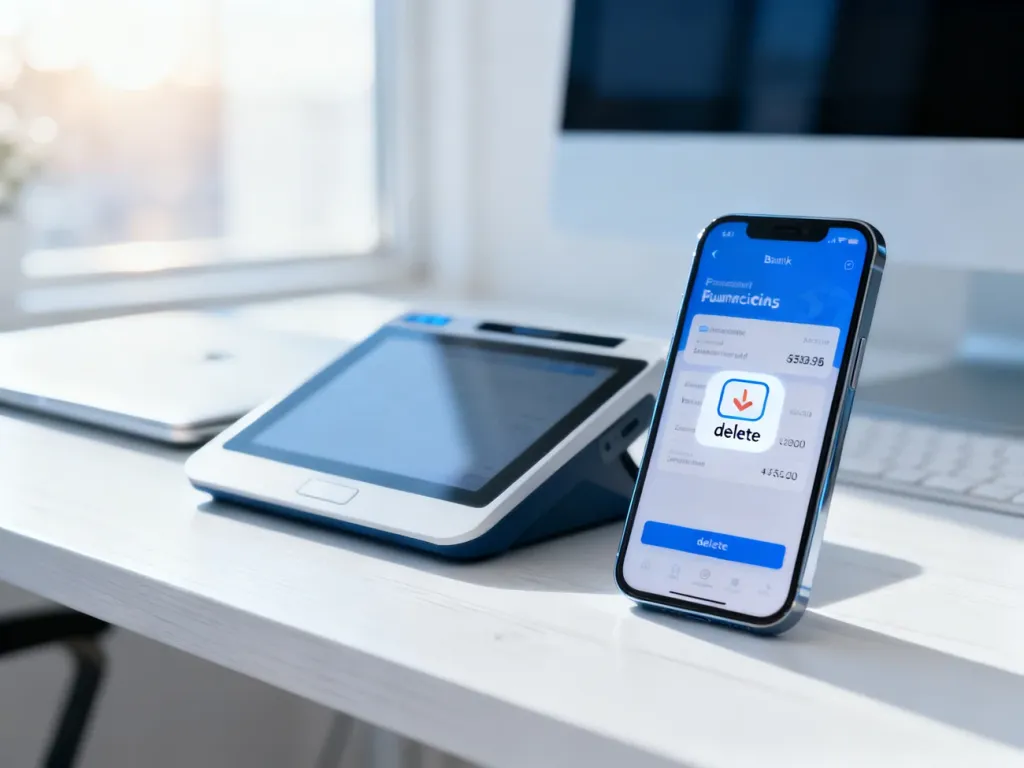 Smartfon z otwartą aplikacją bankową na biurku, ilustrujący proces usuwania zlecenia stałego w mBanku.