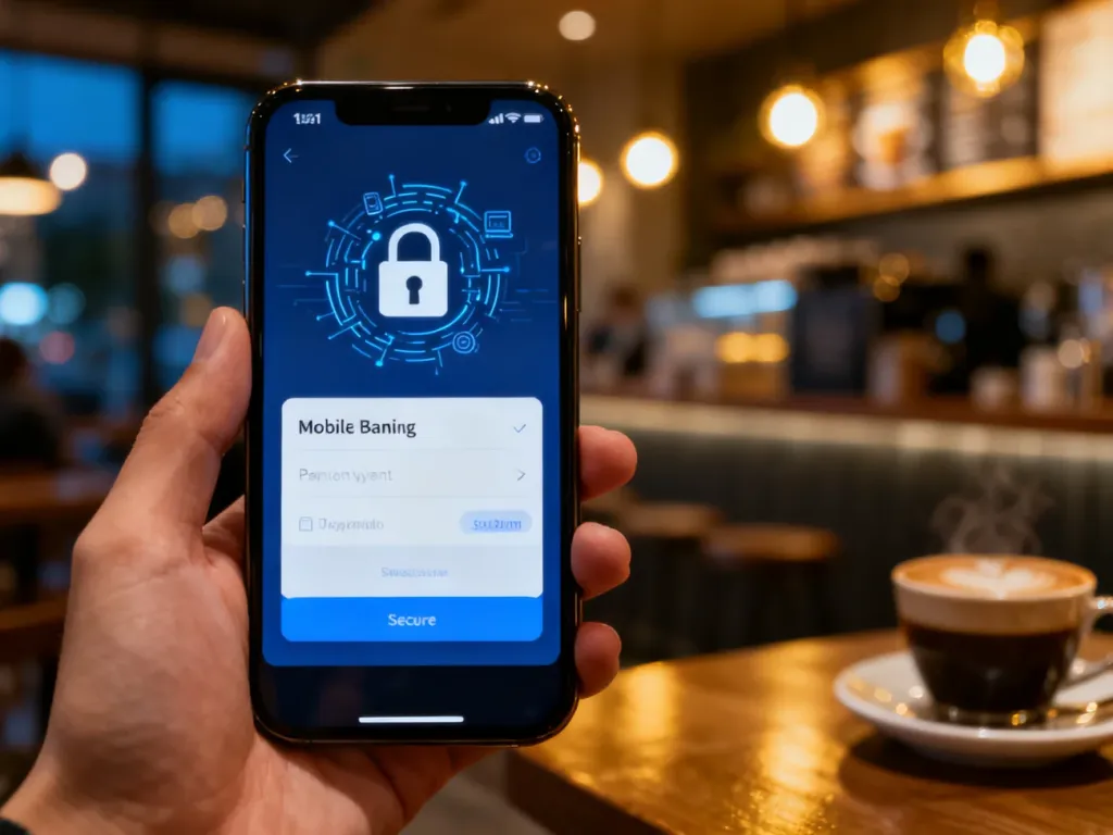 Dłoń trzymająca smartfon z otwartą aplikacją bankową w przytulnej kawiarni, symbolizująca wygodne płatności mobilne BLIK.