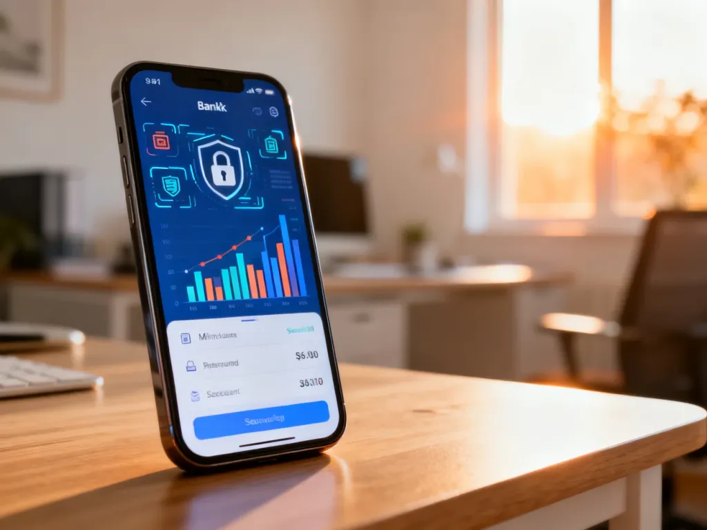Smartfon z otwartą aplikacją bankową na drewnianym biurku, symbolizujący wygodne i bezpieczne zarządzanie finansami online.