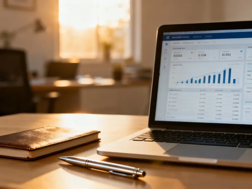 Ekran laptopa z otwartym interfejsem bankowości elektronicznej na biurku, symbolizujący zarządzanie finansami online.