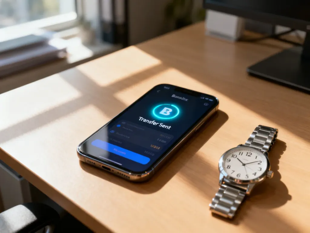 Smartfon z otwartą aplikacją bankową i powiadomieniem o wysłanym przelewie, leżący obok zegarka wskazującego godzinę 12:00.