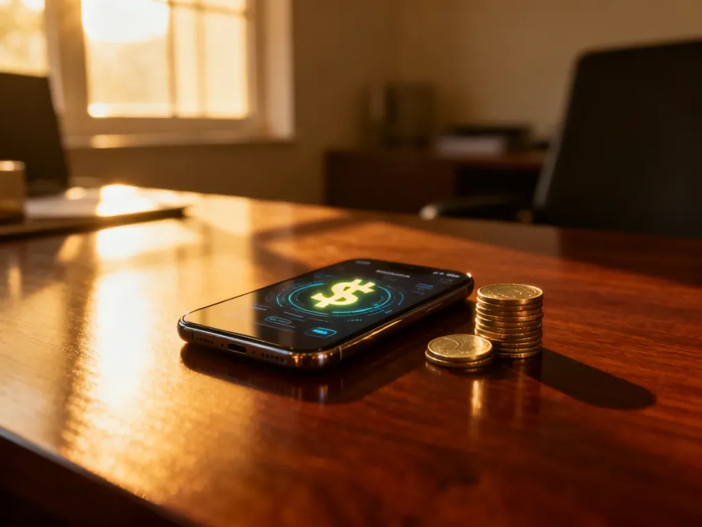 Smartfon z aplikacją bankową i monety na biurku, symbolizujące zarządzanie finansami i przelewy międzynarodowe.