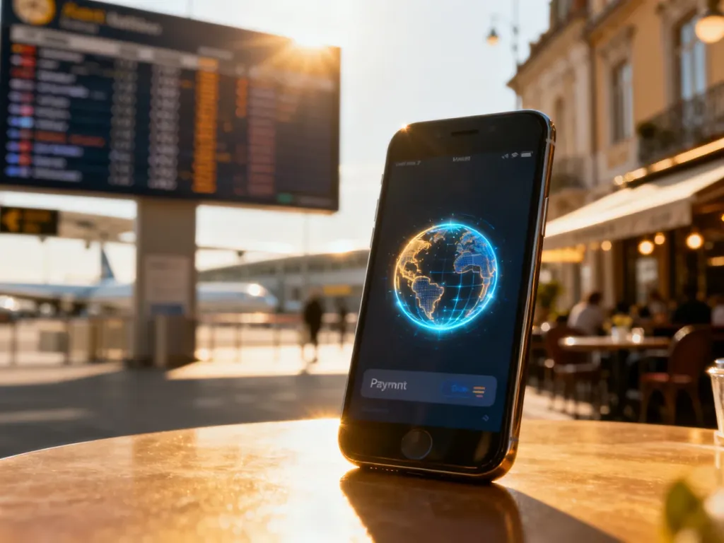 Smartfon z cyfrowym interfejsem płatności na tle lotniska i kawiarni, symbolizujący wygodne płatności BLIK za granicą.