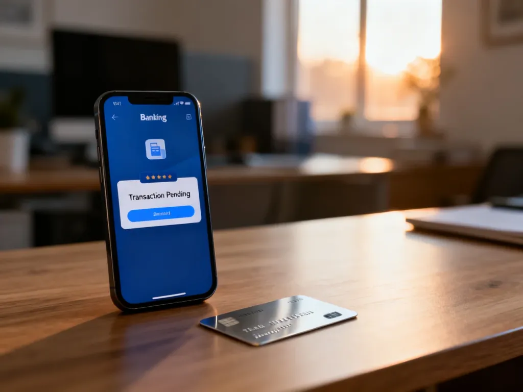 Smartfon z powiadomieniem o oczekującej transakcji oraz karta płatnicza na biurku, ilustrujące proces weryfikacji przelewu.
