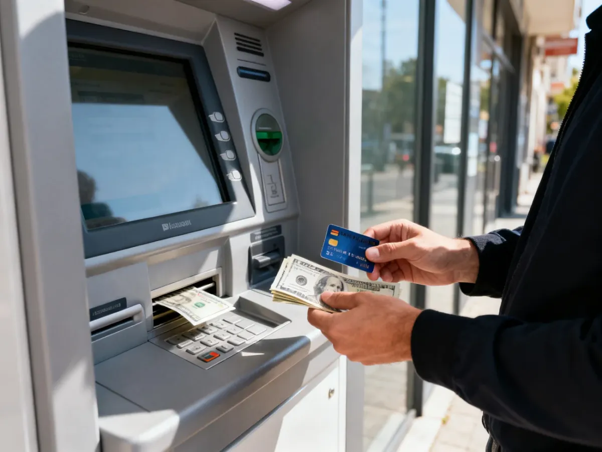 Osoba odbierająca kartę i gotówkę z bankomatu