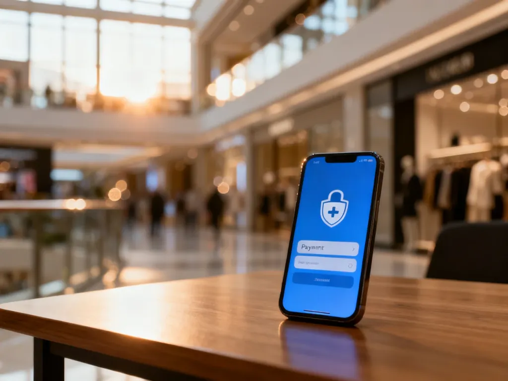 Smartfon z ikoną płatności na drewnianym biurku w tle nowoczesnego centrum handlowego.