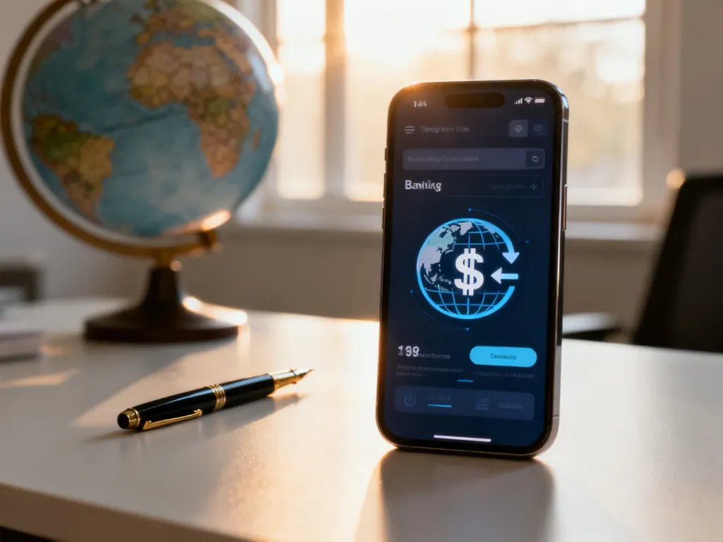 Smartfon z aplikacją bankową do przelewów międzynarodowych na tle biurka z globusem.