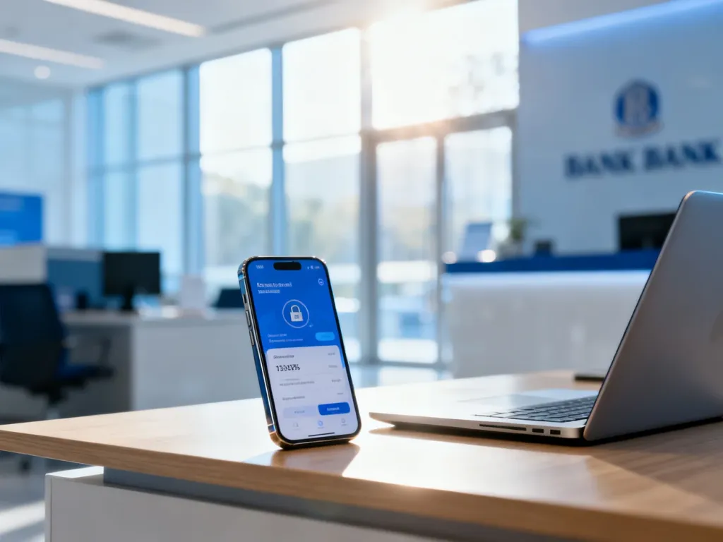 Nowoczesne biuro z laptopem i smartfonem z aplikacją bankową, symbolizujące bezpieczne i wygodne zarządzanie finansami.