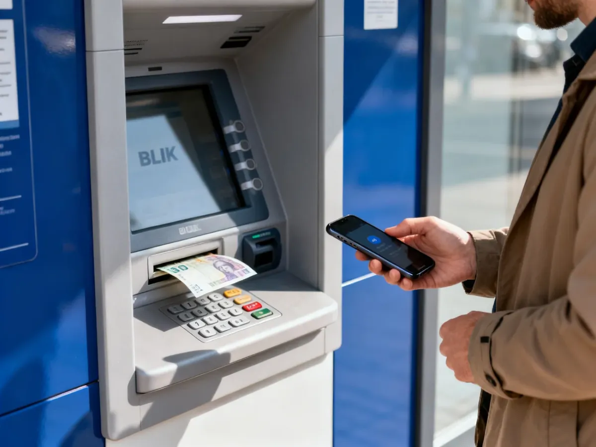 Osoba wypłacająca gotówkę z bankomatu bez użycia karty