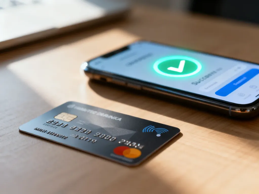 Karta płatnicza na drewnianym biurku oraz smartfon z widocznym potwierdzeniem udanej transakcji bankowej.