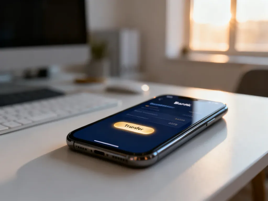 Smartfon z otwartą aplikacją bankową i widocznym przyciskiem przelewu w nowoczesnym biurze.