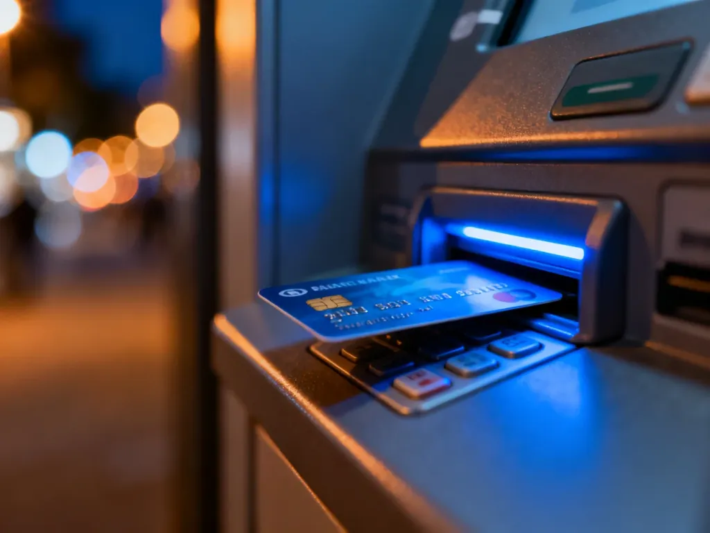 Karta płatnicza częściowo zablokowana w szczelinie bankomatu wieczorową porą.