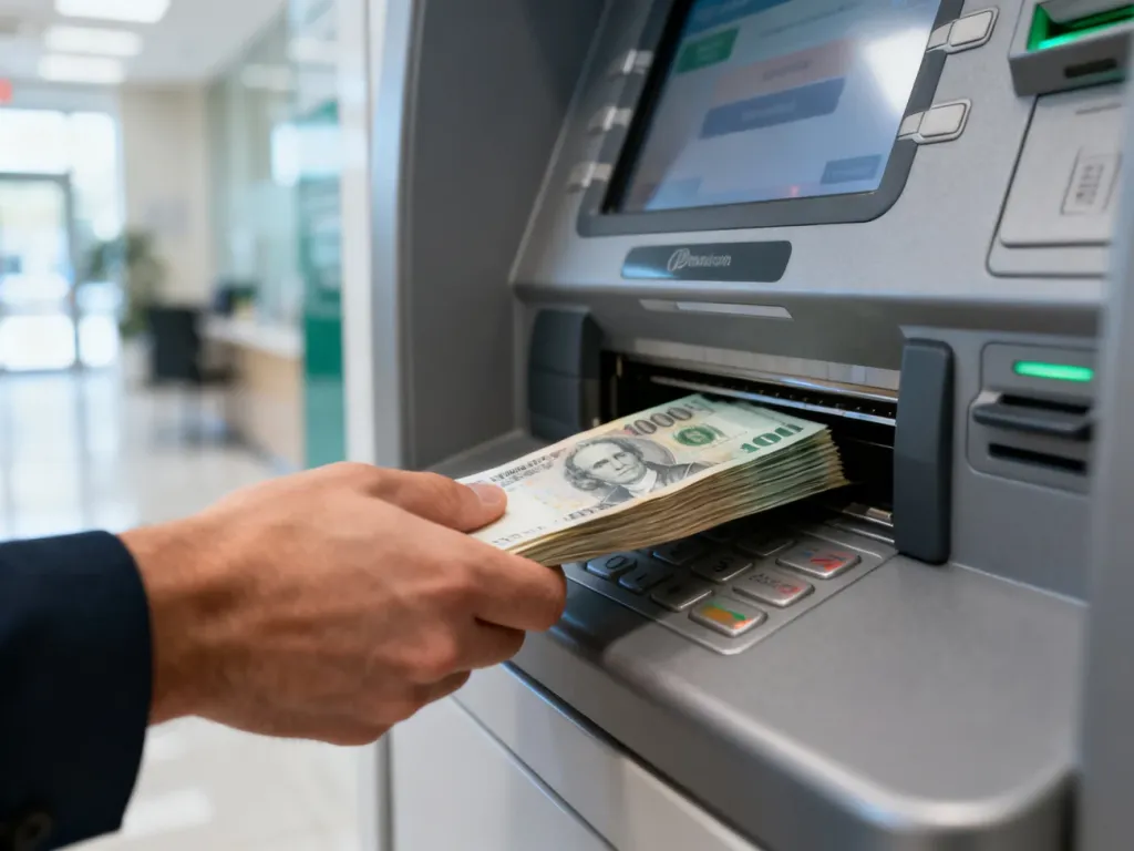 Dłoń wkładająca plik banknotów do szczeliny wpłatomatu w celu dokonania wpłaty gotówki na konto.