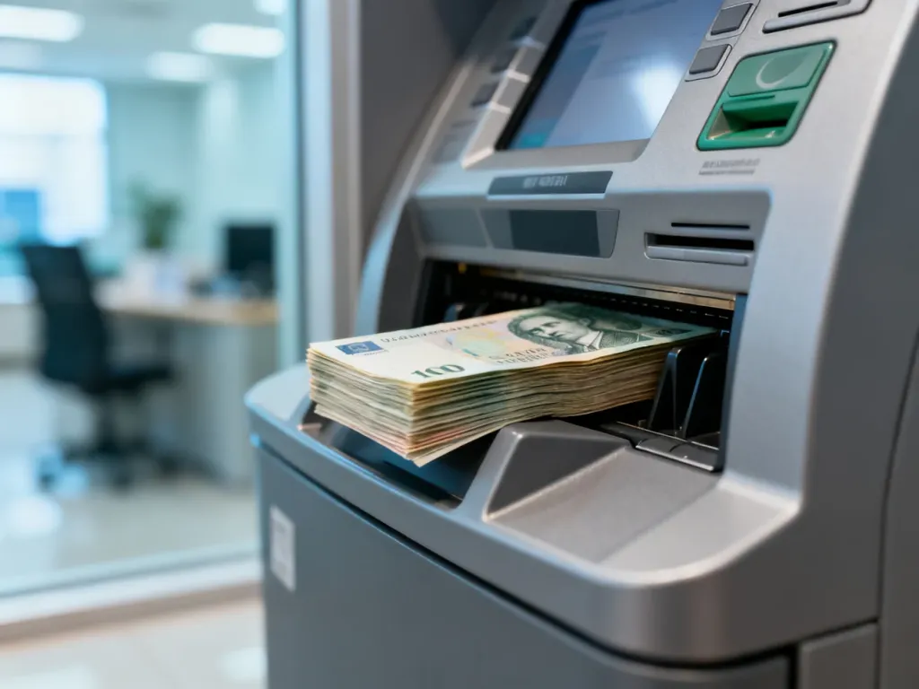 Wpłatomat przyjmujący plik banknotów w nowoczesnym wnętrzu banku.