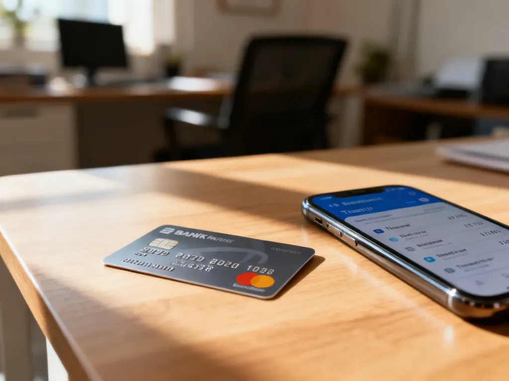 Karta płatnicza i smartfon z aplikacją bankową na biurku, ilustrujące proces weryfikacji transakcji przy chargebacku.