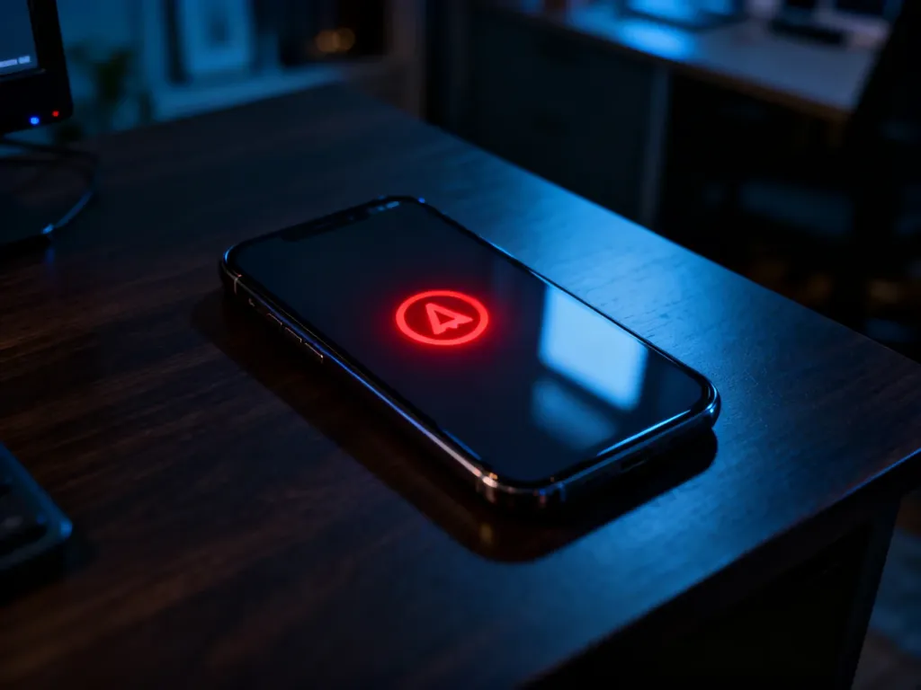 Smartfon z czerwoną ikoną powiadomienia na ciemnym biurku, symbolizujący zagrożenie wyłudzeniem danych przez telefon.