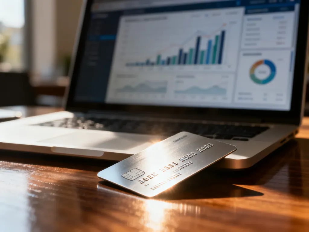 Metalowa karta płatnicza leżąca na biurku obok laptopa z wykresami finansowymi, symbolizująca nowoczesną bankowość.