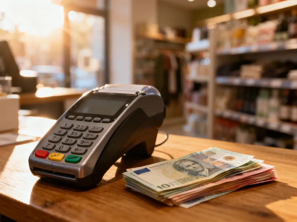 Terminal płatniczy oraz stos banknotów na ladzie sklepowej, ilustrujące temat dostępnych metod płatności w sklepie.