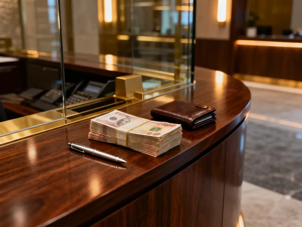 Stos banknotów, skórzany portfel i długopis na eleganckim blacie bankowym w profesjonalnym wnętrzu.