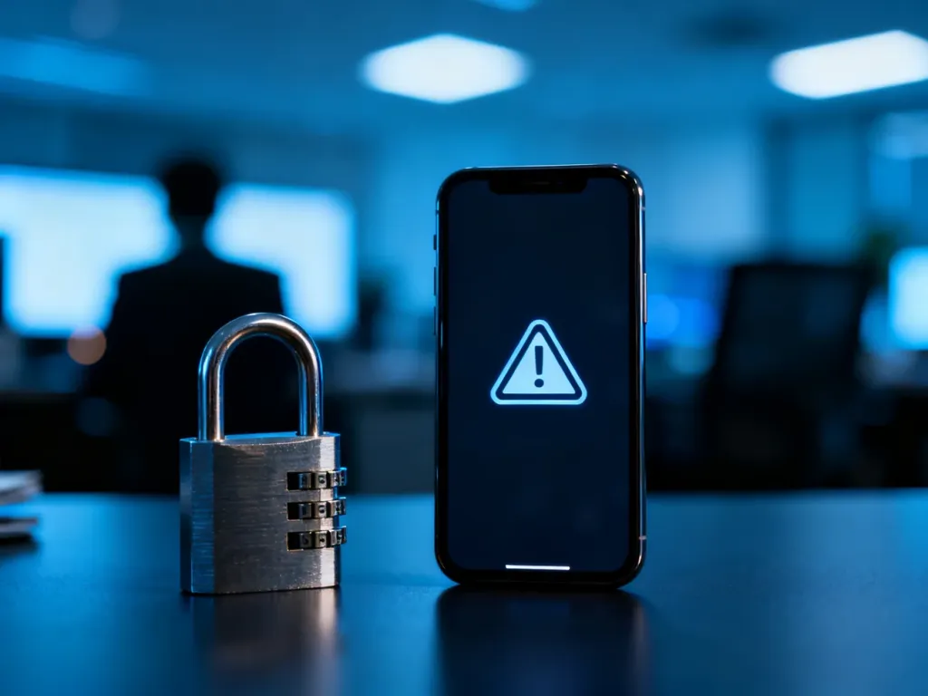 Smartfon z ikoną ostrzeżenia o bezpieczeństwie oraz kłódka symbolizująca ochronę finansów przed oszustwami.