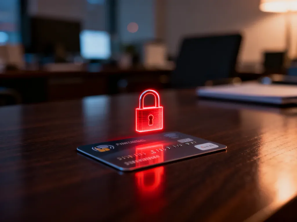 Karta płatnicza z hologramem czerwonej kłódki, symbolizująca status zablokowanego konta lub karty.