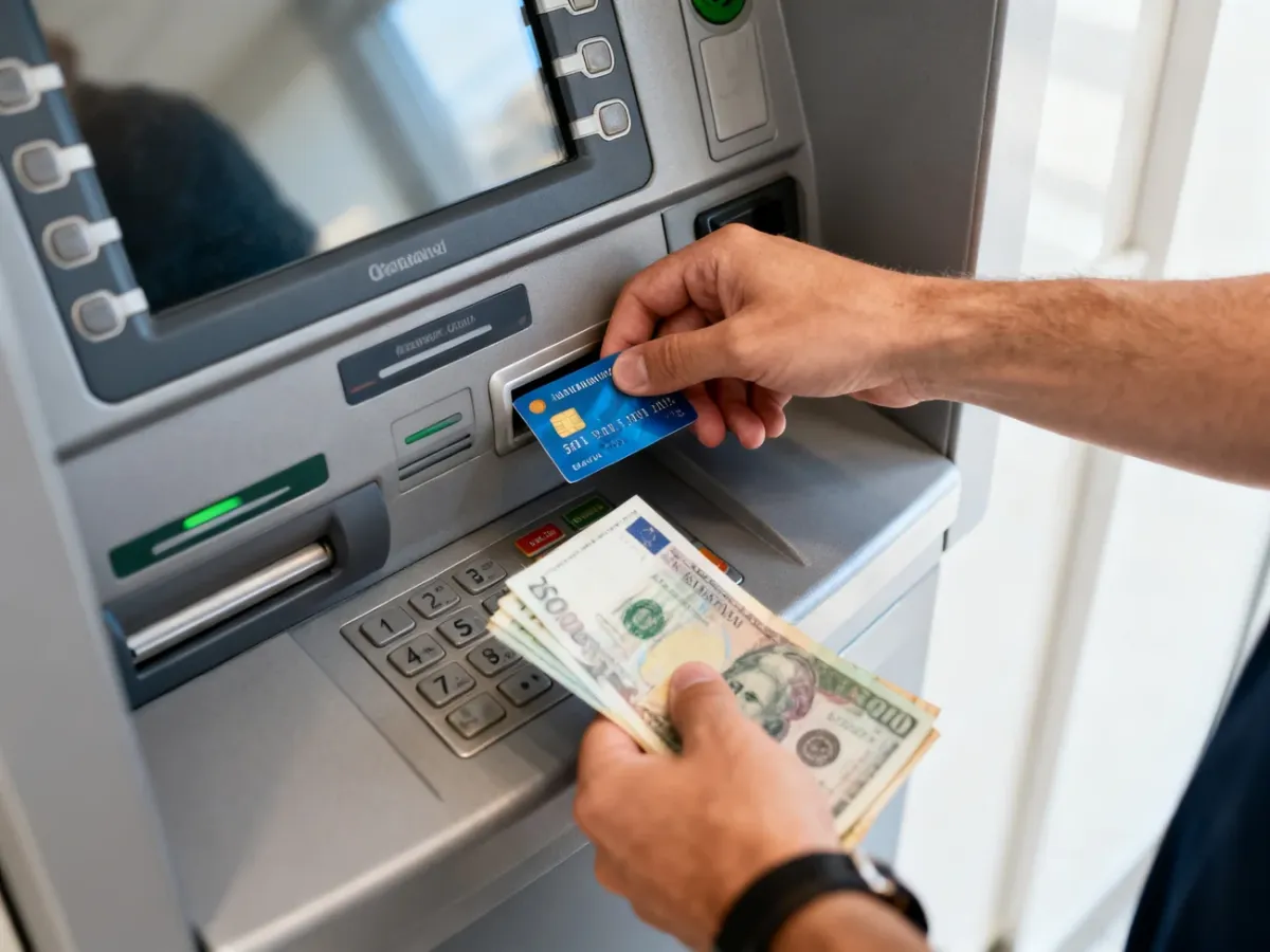 Osoba bezpiecznie odbierająca kartę i gotówkę z bankomatu
