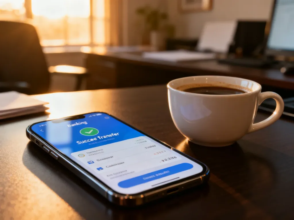 Smartfon z aplikacją bankową potwierdzającą wykonanie przelewu, leżący na biurku obok filiżanki kawy.