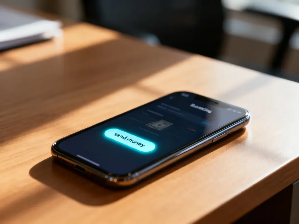 Smartfon z otwartą aplikacją bankową i przyciskiem do wysyłania przelewu na tle biurka.