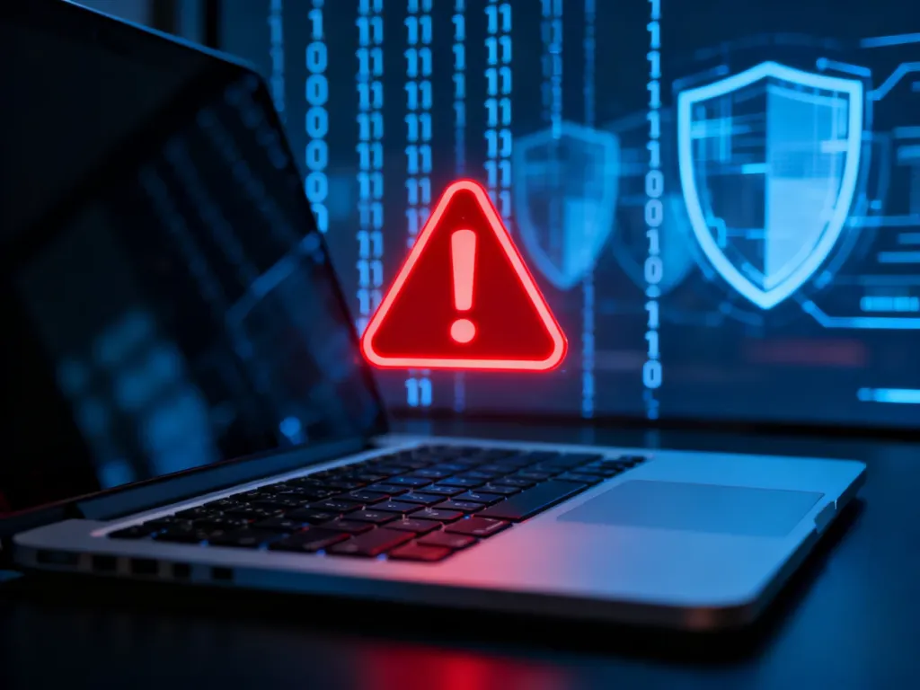 Świecąca czerwona ikona ostrzegawcza nad klawiaturą laptopa, symbolizująca zagrożenie cybernetyczne i naruszenie bezpieczeństwa.