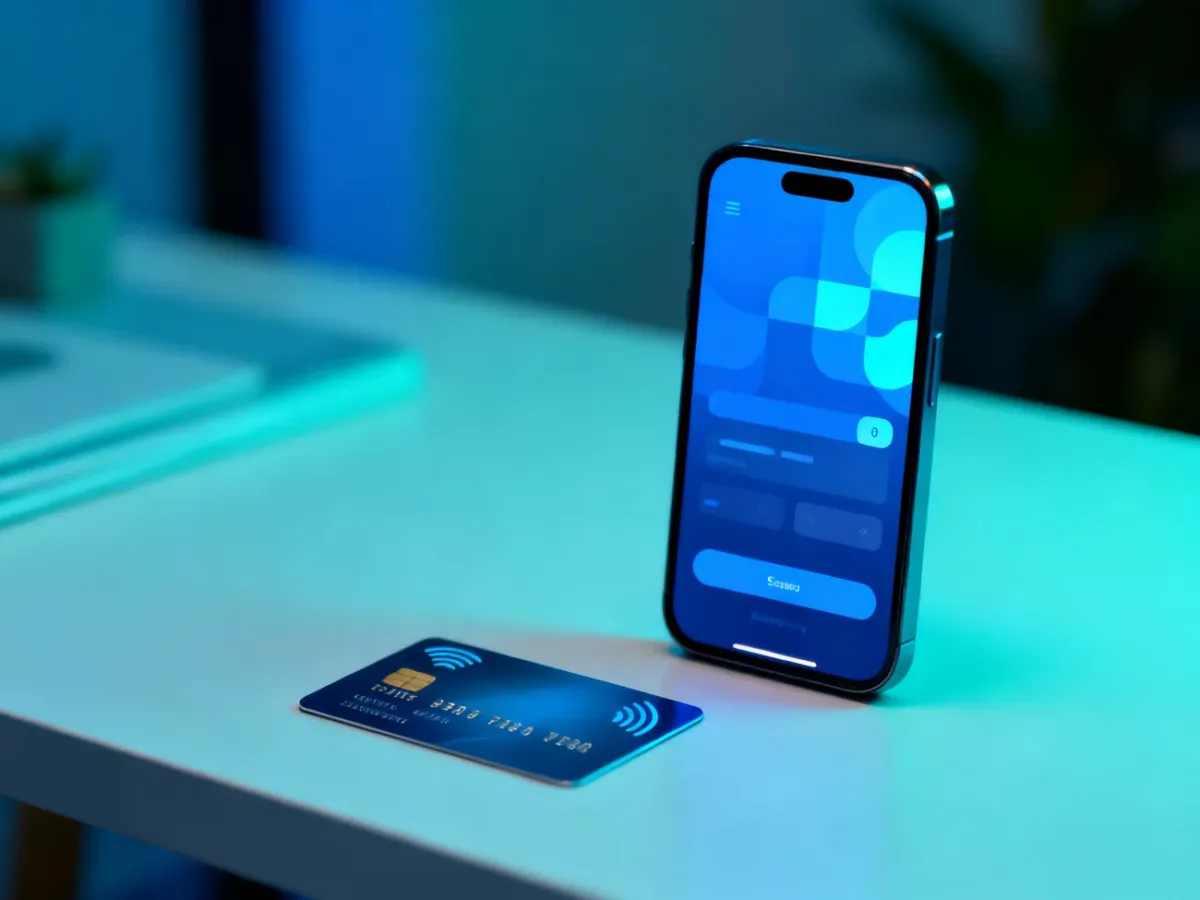 Smartfon z aplikacją bankową obok karty płatniczej