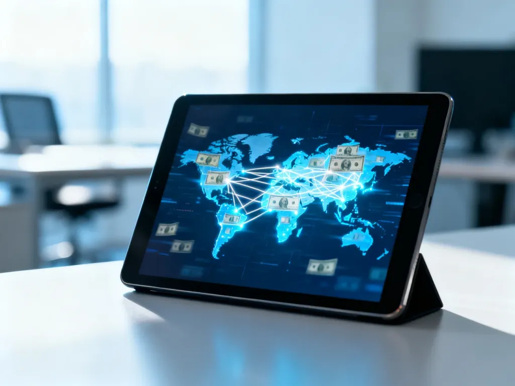 Tablet z wizualizacją globalnych przelewów pieniężnych w nowoczesnym biurze bankowym.