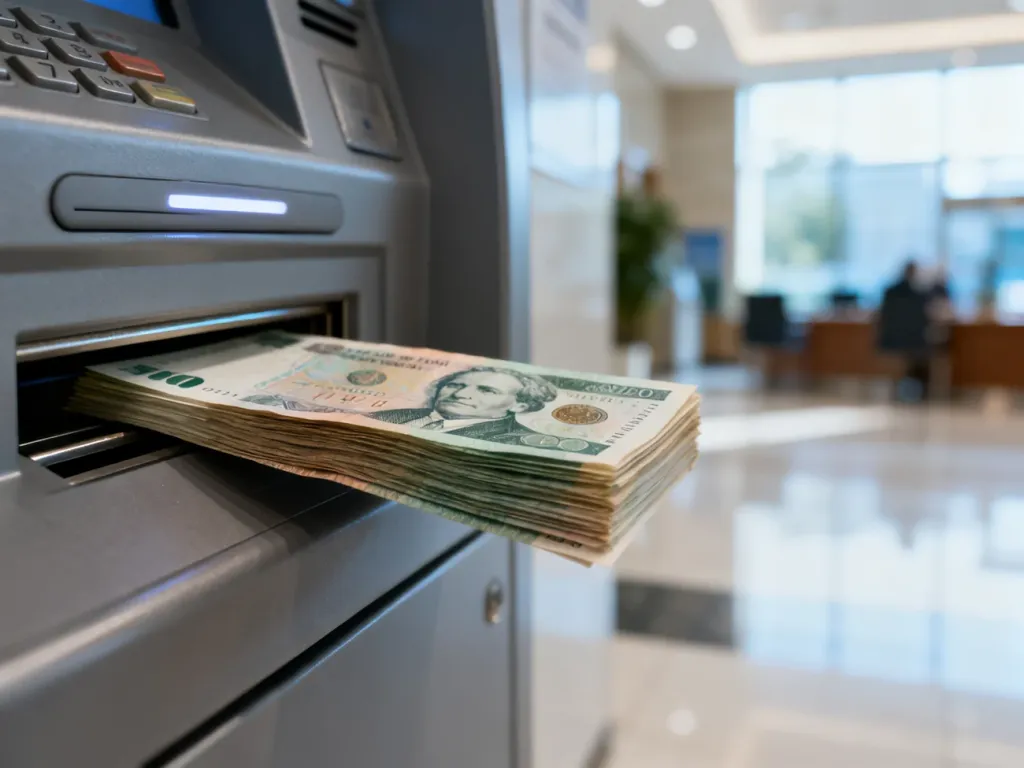 Gotówka wkładana do szczeliny bankomatu wpłatowego w nowoczesnej placówce bankowej.