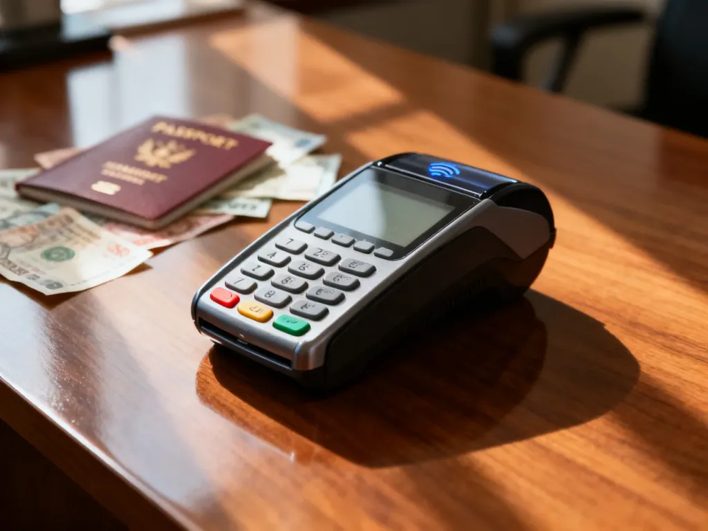 Terminal płatniczy na tle paszportu i zagranicznych banknotów, symbolizujący płatności kartą podczas podróży.