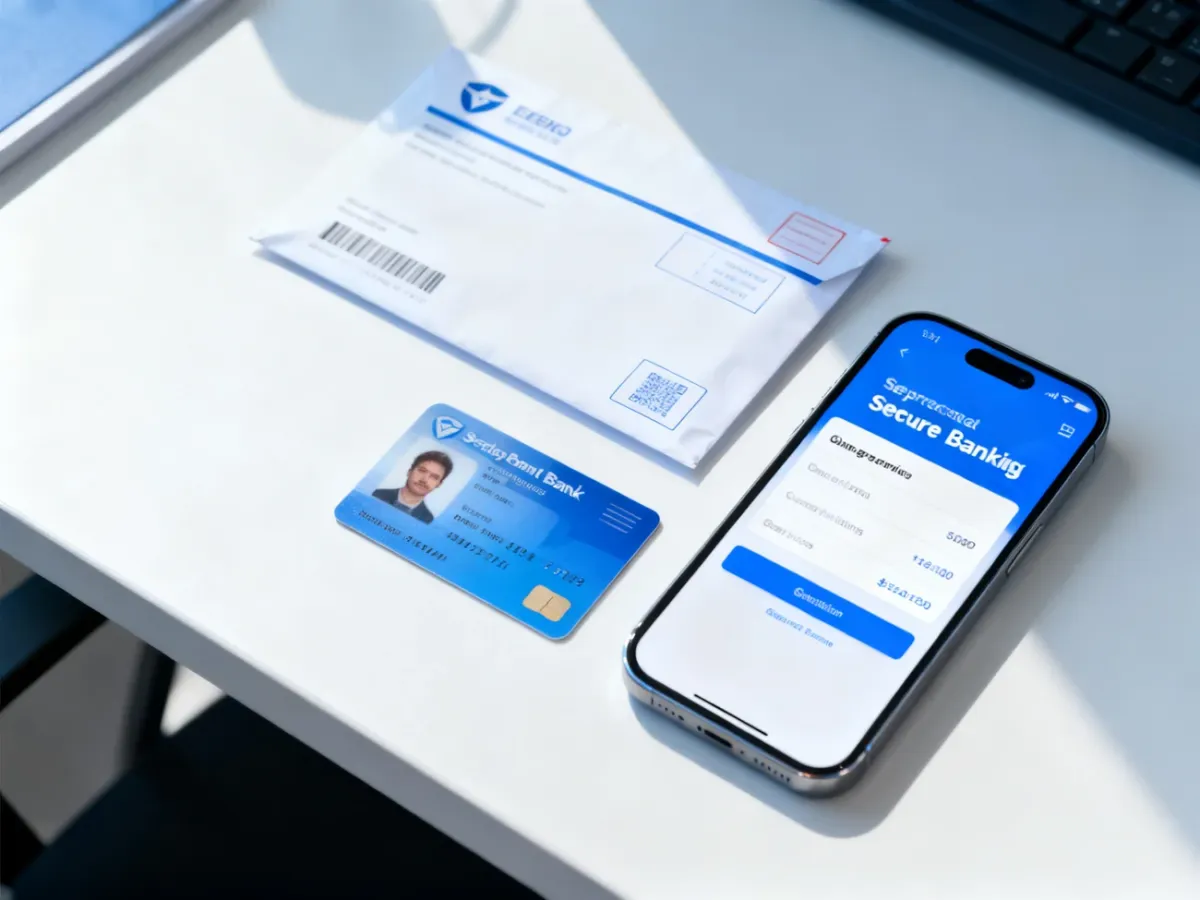 Smartfon, elektroniczny dowód osobisty i koperta symbolizujące zdalne otwarcie konta bankowego